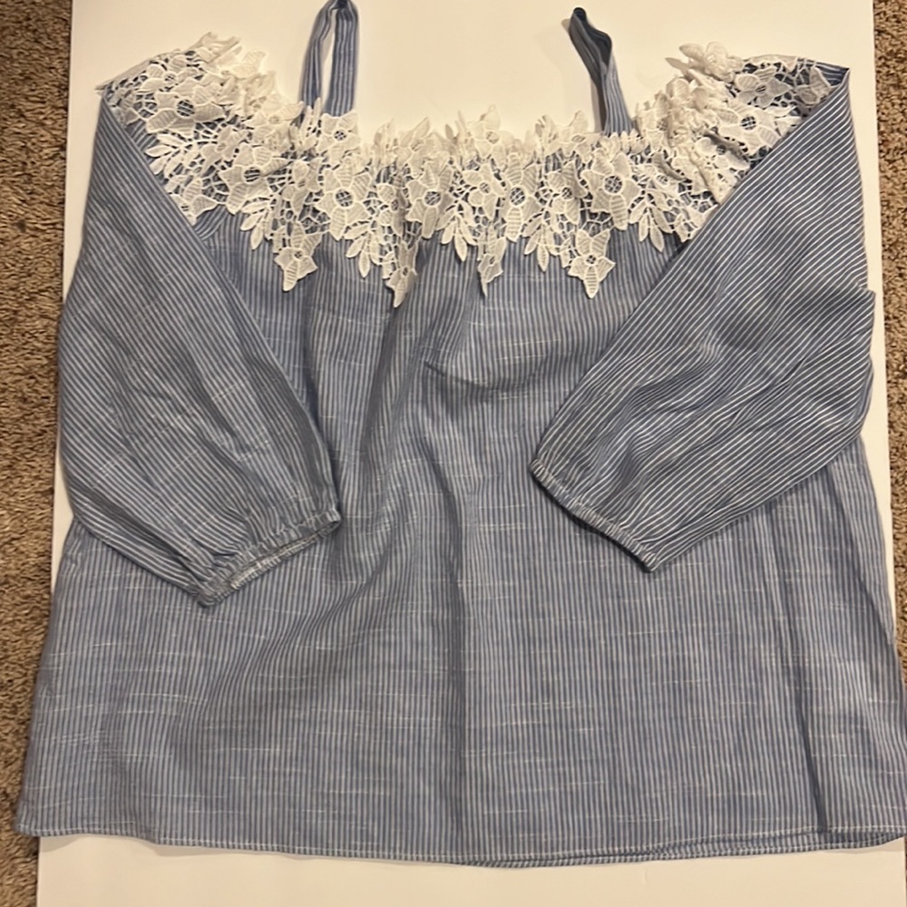 Soprano Blue White Striped Off the Shoulder Top Blouse Lace Trim Boho M